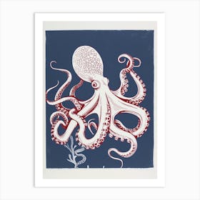 Retro Red Navy Octopus Linocut Style 8 Art Print