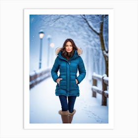 Woman in down jacket walking in a snowy park Art Print