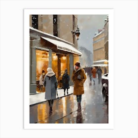 Paris cafes, winter season, Christmas, autumn oil colors, pale colors, pedestrians in the street, winter clothes, falling snow.Christmas decorations.11 Art Print