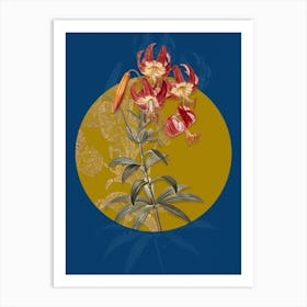 Vintage Botanical Turban Lily on Circle Yellow on Blue Art Print