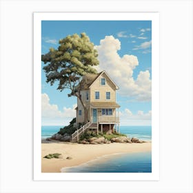 Little Beach House And Tree Draw Art Print 1 Art Print