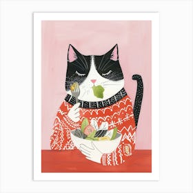 Black And White Cat Eating Salad Folk Illustration 6 Art Print