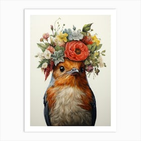 Bird With A Flower Crown European Robin 4 Art Print