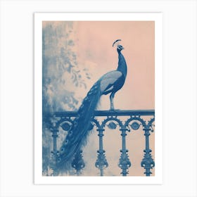 Cyanotype Inspired Peacock Resting On A Handrail 1 Art Print