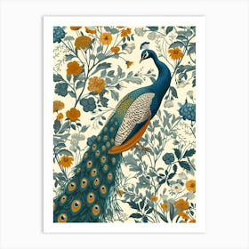 Cream Vintage Floral Peacock Wallpaper 4 Art Print