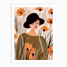 Woman With Autumnal Flowers Flax Flower 1 Art Print