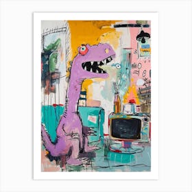 Dinosaur Watching Tv Purple Graffiti Brushstroke Art Print