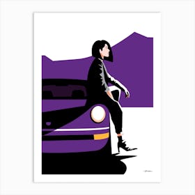 Woman sitting on a Classic Porsche 911 - royal purple - vintage retro Art Print