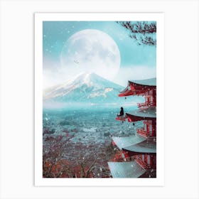 Black Cat And Mount Fuji Under Snow Art Print