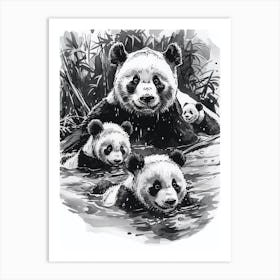 Giant Panda Family Swimming In A River Ink Illustration 4 Art Print
