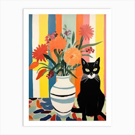Irises Flower Vase And A Cat, A Painting In The Style Of Matisse 1 Art Print