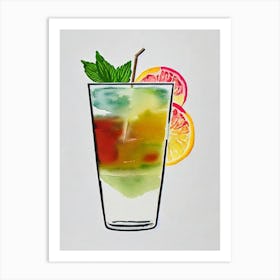 Long Island Iced 2 Tea Minimal Line Drawing With Watercolour Cocktail Poster Art Print