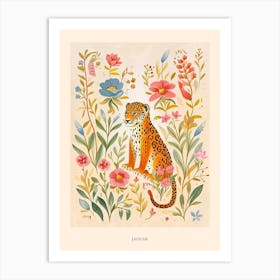 Folksy Floral Animal Drawing Jaguar 3 Poster Art Print