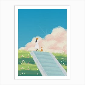 Minimal art illustration Girl And A cat In the afternoon Art Print