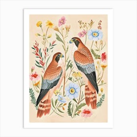 Folksy Floral Animal Drawing Falcon 1 Art Print