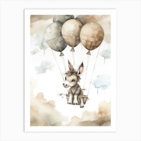 Baby Donkey Flying With Ballons, Watercolour Nursery Art 2 Art Print