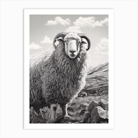 Black & White Illustration Of Highland Sheep With Rocky Landscape Art Print