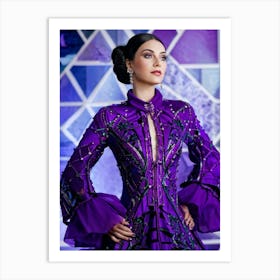 Noble Looking Woman Clad In A Purple Attire Of Her Dreams Seamlessly Merged With Geometric Patterns Art Print