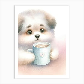 Cute Puppy With A Cup Of Coffee Art Print