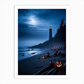 Jack O Lanterns Emanating Ethereal Glow Arrayed On A Shadowy Beach Misty Coastal Backdrop Myster (1) Art Print