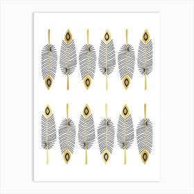 Rows Of Western Boho Feathers - Black, White, and Gold Art Print