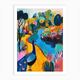 Peacock By The River Colourful Painting 3 Art Print