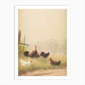 Vintage Roosters In A Field Art Print