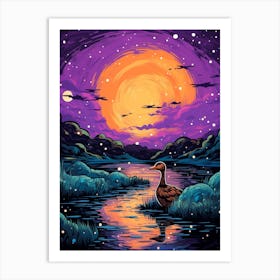 Duck In The Water At Night Art Print