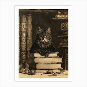 A Cat Resting On Ancient Books Sepia Etching Art Print
