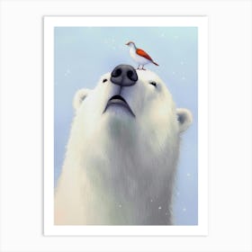 Polar Bear and bird Watercolor Painting Art Print