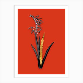 Vintage Antholyza Aethiopica Black and White Gold Leaf Floral Art on Tomato Red Art Print