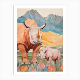 Rhino With Rhino Baby Patchwork 2 Art Print