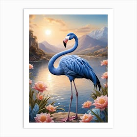 Floral Blue Flamingo Painting (46) Art Print