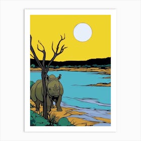 Simple Line Illustration Rhino By The River 5 Art Print