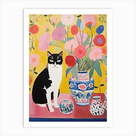 Sweet Pea Flower Vase And A Cat, A Painting In The Style Of Matisse 1 Art Print