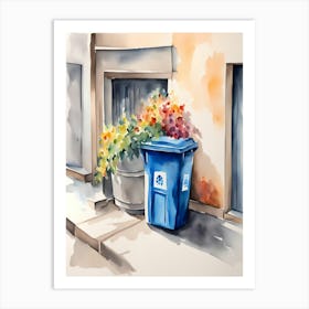 Watercolor Of A Blue Trash Can Art Print