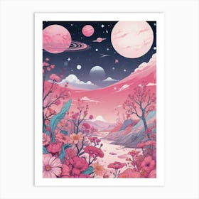 Pink Planets And Flowers Art Print