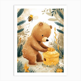 Brown Bear Cub Playing With A Beehive Storybook Illustration 3 Art Print