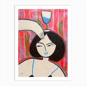 Where is my glass, Abstract woman with glass of wine, Fun art, Kitchen bar decor 1 Art Print