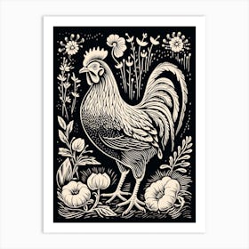 B&W Bird Linocut Chicken 1 Art Print