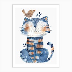 Small Joyful Tiger With A Bird On Its Head 3 Art Print