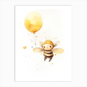 Baby Bee Flying With Ballons, Watercolour Nursery Art 3 Art Print