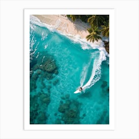 Capture An Aerial Perspective Of A Daring Surfer Confidently Riding The Islands Largest Wave On A S (2) Art Print