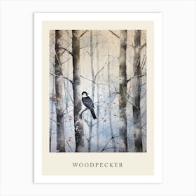 Winter Watercolour Woodpecker 3 Poster Art Print