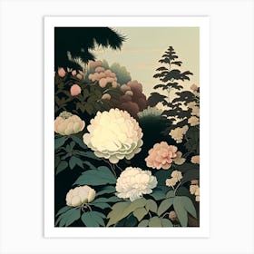 Japanese Peonies In A Garden 2 Vintage Sketch Art Print