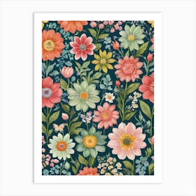 Painted Spring and Summer Flowers Boho Pattern - Navy Background Pink Yellow Orange Butterfly Bohemian Wallpaper Art Like Amy Butler and William Morris Fabric Print For Lunar Pagan Gallery Feature Wall Floral Botanical Luna Lover HD Art Print