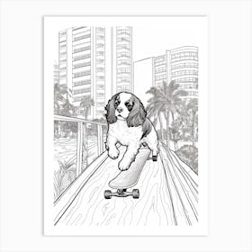 Cavalier King Charles Spaniel Dog Skateboarding Line Art 1 Art Print