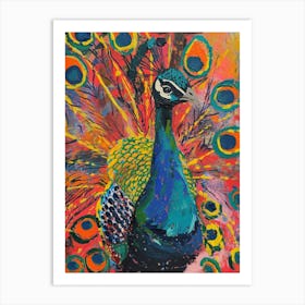 Peacock & Feathers Colourful Portrait 1 Art Print