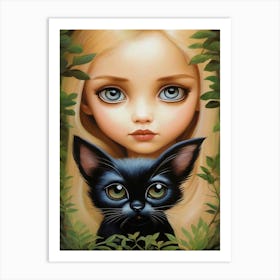 Big Eye Girl With A Black Cat Art Print