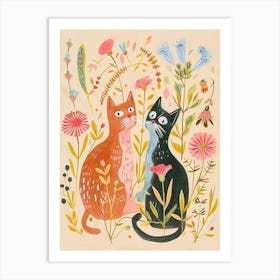 Folksy Floral Animal Drawing Cat 8 Art Print